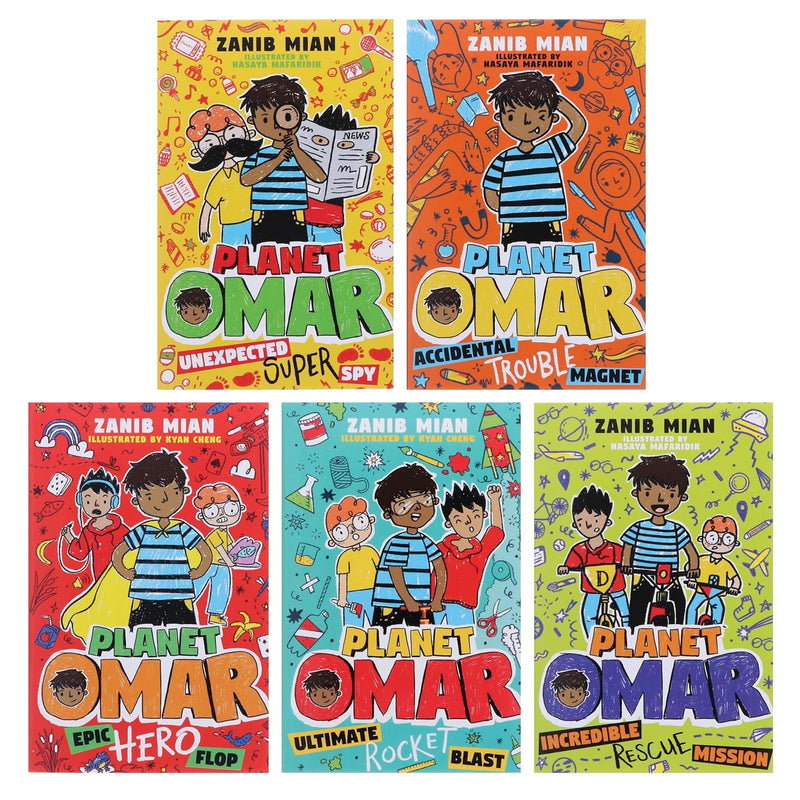 Five-book Planet Omar series box set by Zanib Mian featuring adventures of Omar in humorous, colorful covers.