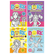 Set of four Dork Diaries books by Rachel Renee Russell, including Party Time, Pop Star, and Skating Sensation, featuring colorful cover art.