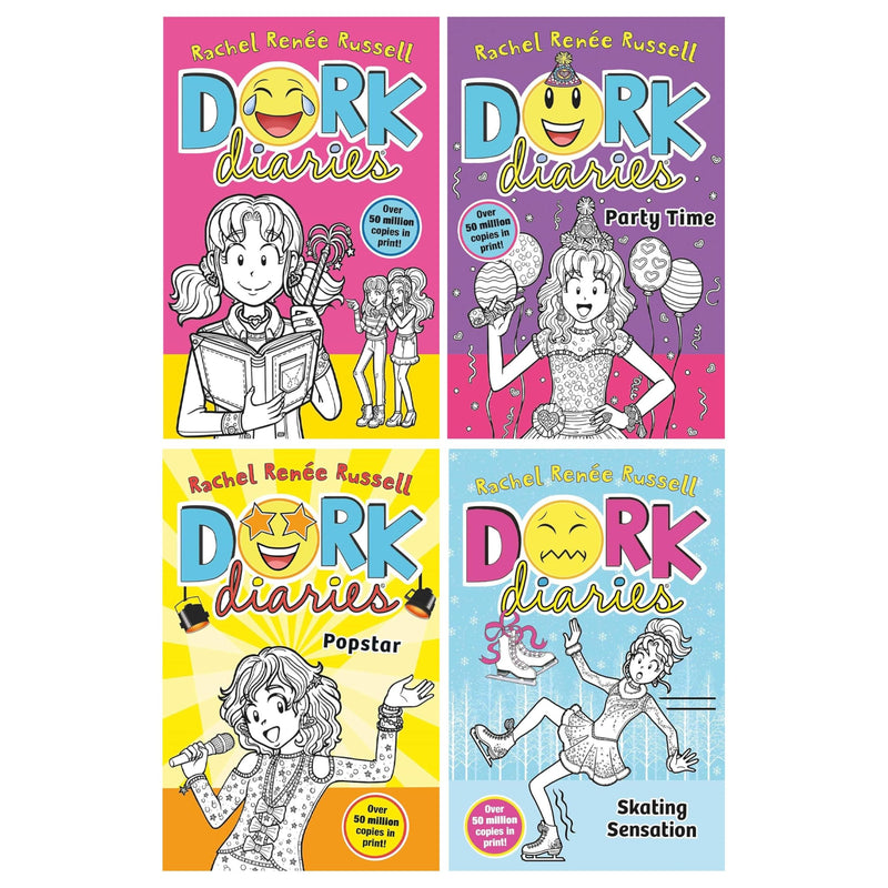 Set of four Dork Diaries books by Rachel Renee Russell, including Party Time, Pop Star, and Skating Sensation, featuring colorful cover art.