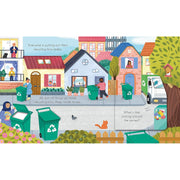 Board book titled "Peep Inside How a Recycling Truck Works" by Lara Bryan, showing colorful illustrations of a recycling truck for young children.