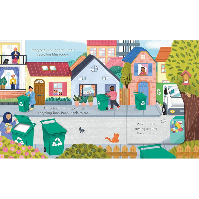 Board book titled "Peep Inside How a Recycling Truck Works" by Lara Bryan, showing colorful illustrations of a recycling truck for young children.