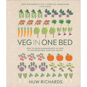 Book cover for "Veg in One Bed New Edition" by Huw Richards, featuring a vibrant vegetable garden illustration.