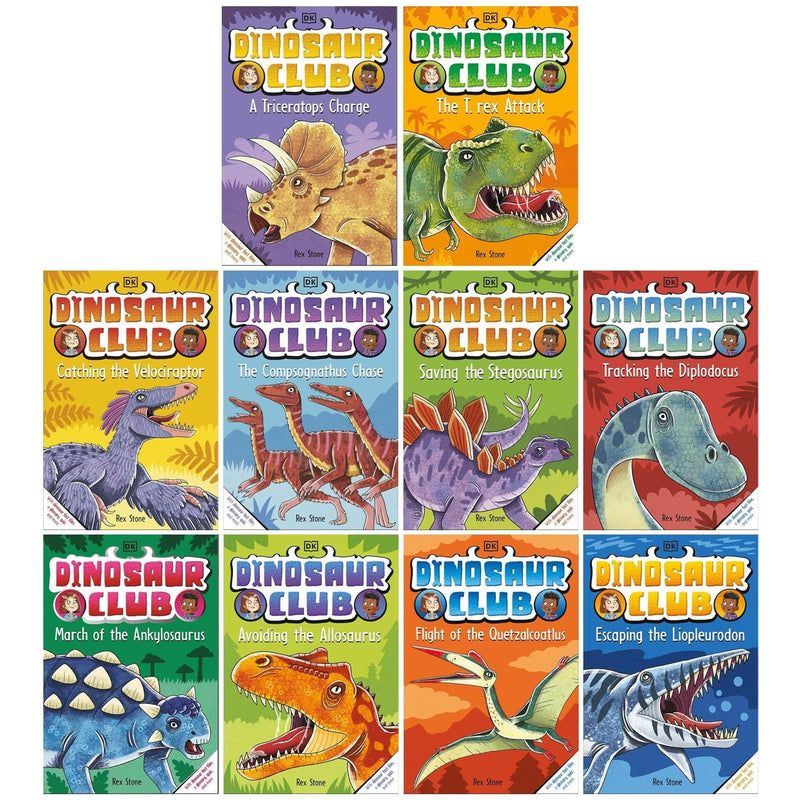 Dinosaur Club Series 10 books collection set by Rex Stone, featuring colorful dinosaur illustrations and fiction stories.