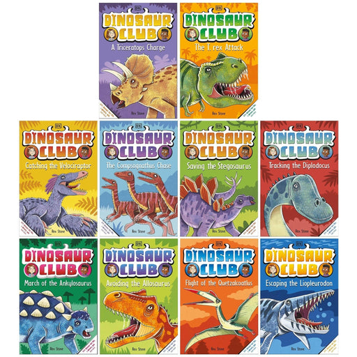 Dinosaur Club Series 10 books collection set by Rex Stone, featuring colorful dinosaur illustrations and fiction stories.