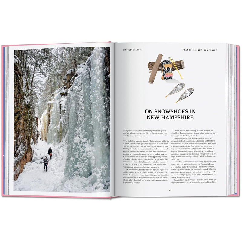 Hardcover book titled "The New York Times Explorer" by Barbara Ireland, featuring 100 dream trips around the world with vivid cover art.