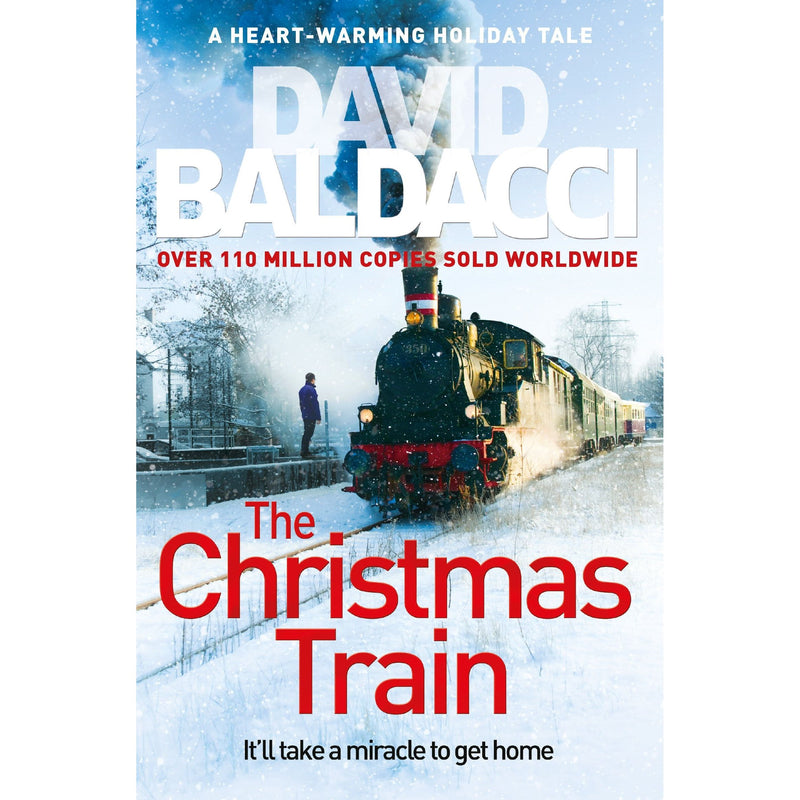 Pan featuring the book "The Christmas Train" by David Baldacci, with festive-themed cover art and holiday imagery.