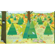 Open children’s board book "Peep Inside the Forest" by Anna Milbourne, featuring colorful forest scenes and animal illustrations.