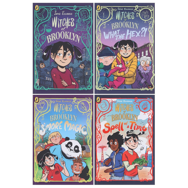 Set of four Witches of Brooklyn graphic novels by Sophie Escabasse, featuring colorful witch characters and whimsical artwork.