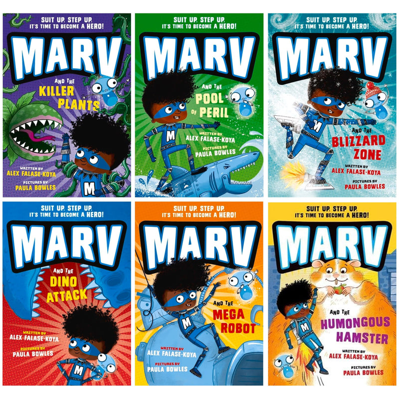 Marv Collection by Alex Falase-Koya Illustrated 6 Books Set (Marv and the: Dino Attack, Mega Robot, Pool of Peril, Killer Plants, Blizzard Zone and Humongous Hamster) - The Book Bundle