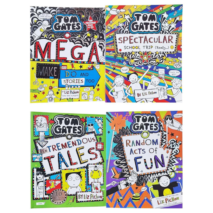 Tom Gates Series 4 Books Collection Set (16 to 19) [Mega Make and Do and Stories Too!, Spectacular School Trip (Really...), Ten Tremendous Tales & Random Acts of Fun] - The Book Bundle