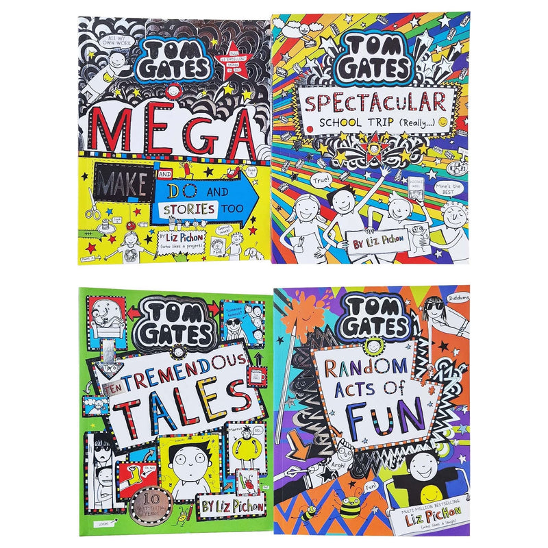 Tom Gates Series 4 Books Collection Set (16 to 19) [Mega Make and Do and Stories Too!, Spectacular School Trip (Really...), Ten Tremendous Tales and Random Acts of Fun] - The Book Bundle