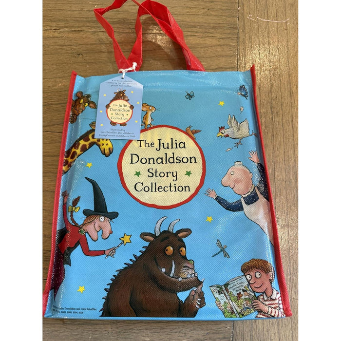 Julia Donaldson 10-book collection set in a bag, featuring Room on the Broom and Tyrannosaurus Drip, children's storybooks by Macmillan.