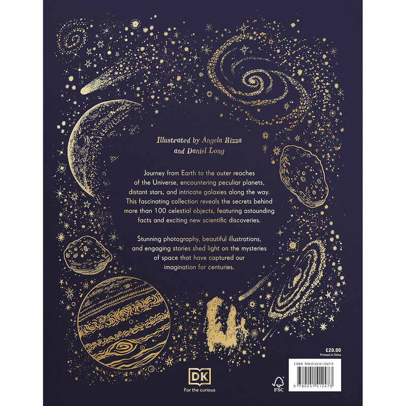 Book cover of "The Mysteries of the Universe" by Will Gater, DK, showcasing a cosmic space scene with stars and planets.