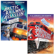 Adventures on Trains 2 books collection set by M.G. Leonard & Sam Sedgman, fiction paperback books featuring train journey illustrations.
