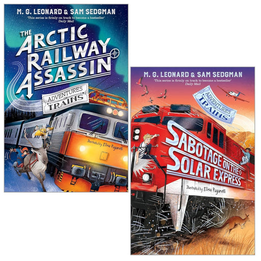 Adventures on Trains 2 books collection set by M.G. Leonard & Sam Sedgman, fiction paperback books featuring train journey illustrations.