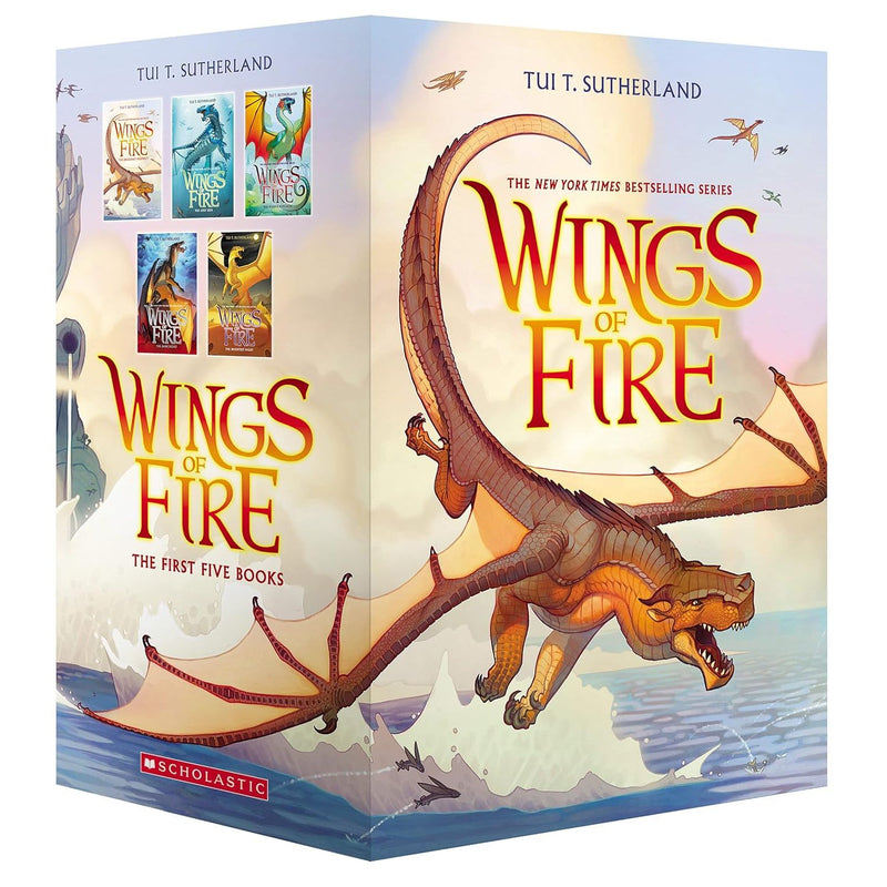 Wings of Fire 1-5 Collection Books Box Set by Tui T Sutherland, featuring colorful book covers in a Scholastic edition.
