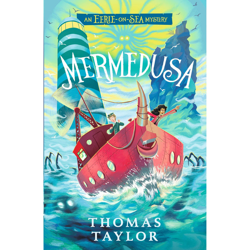 Illustration from Mermedusa by Thomas Taylor showing a mysterious sea creature with eerie, mythical features in a dark underwater scene.