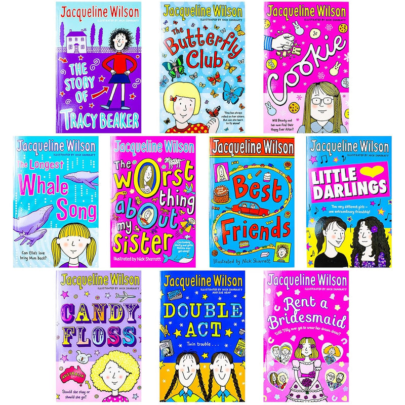Jacqueline Wilson 10-book collection set by Corgi Ltd., featuring titles like Double Act, Tracy Beaker, Candyfloss, and Rent a Bridesmaid