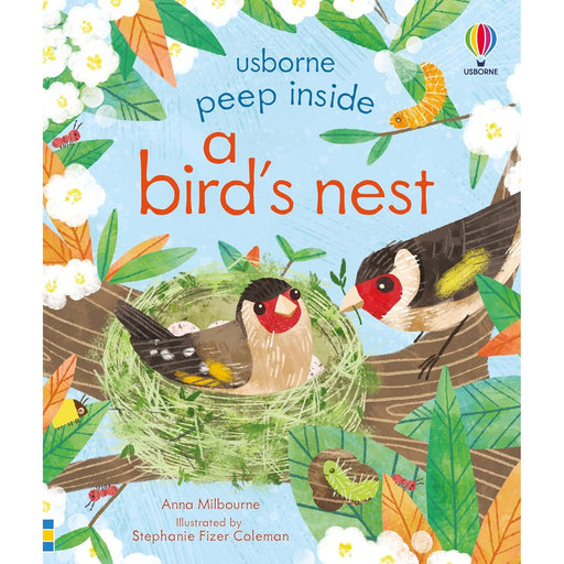 Board book titled "Peep Inside a Bird's Nest" by Anna Milbourne, showing colorful bird nest illustrations for ages 0-2.