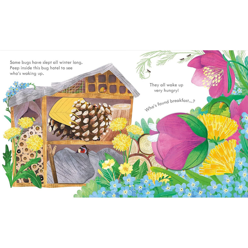 Children's interactive board book by Anna Milbourne exploring springtime wonders, with peek-through pages and colorful illustrations.