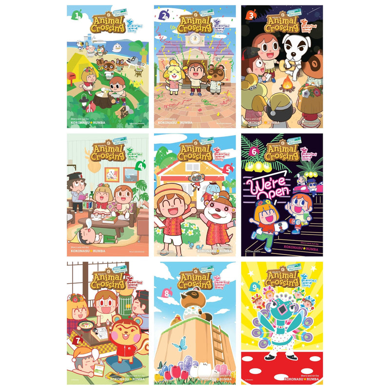 Animal Crossing: New Horizons Deserted Island Diary 9-book set by Kokonasu Rumba, featuring colorful illustrated covers.