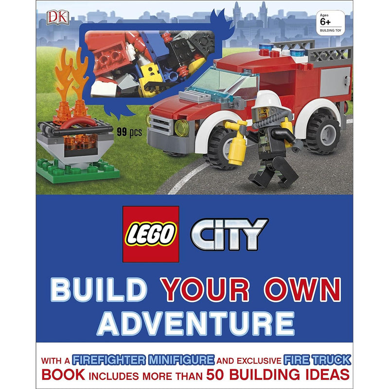 LEGO City Build Your Own Adventure set featuring minifigure and exclusive mode from DK, with colorful LEGO bricks and accessories.