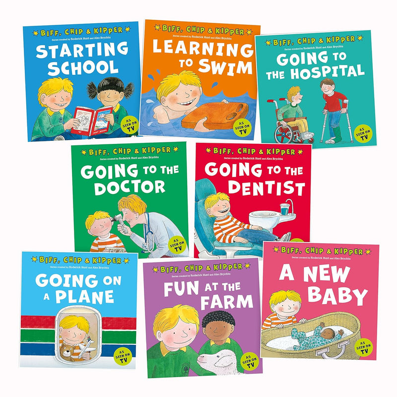 Set of eight Biff, Chip, and Kipper books from Roderick Hunt's Oxford University Press collection, featuring colorful children's storybook covers.