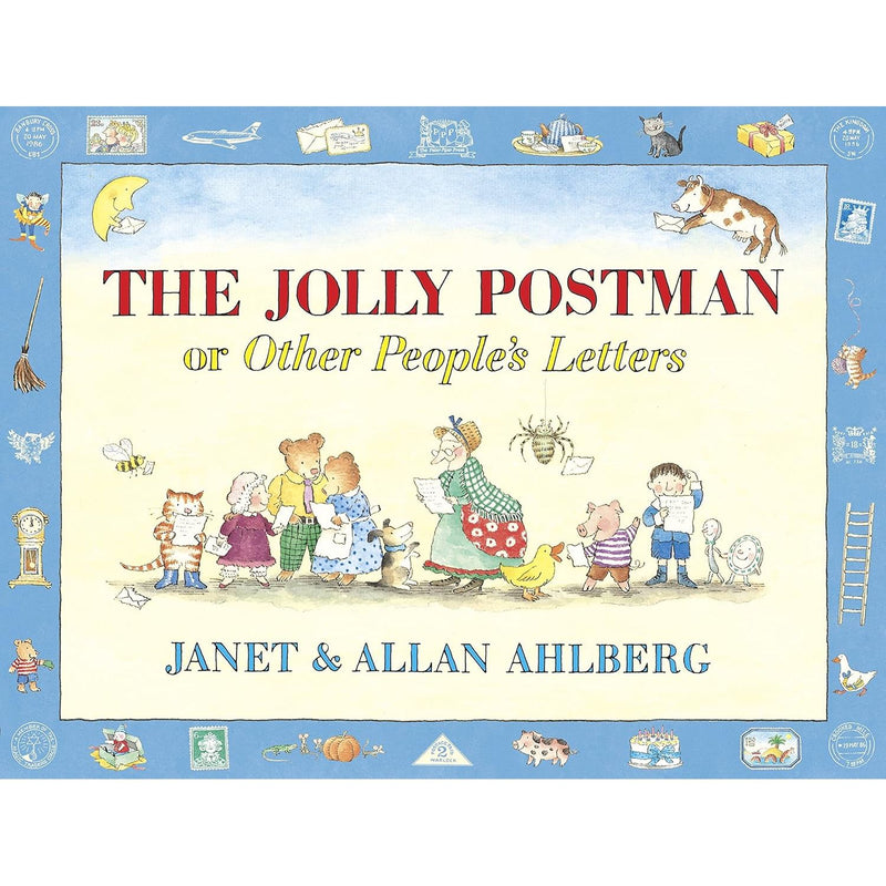Hardcover copy of The Jolly Postman book by Allan and Janet Ahlberg, Puffin edition featuring colorful cover art.