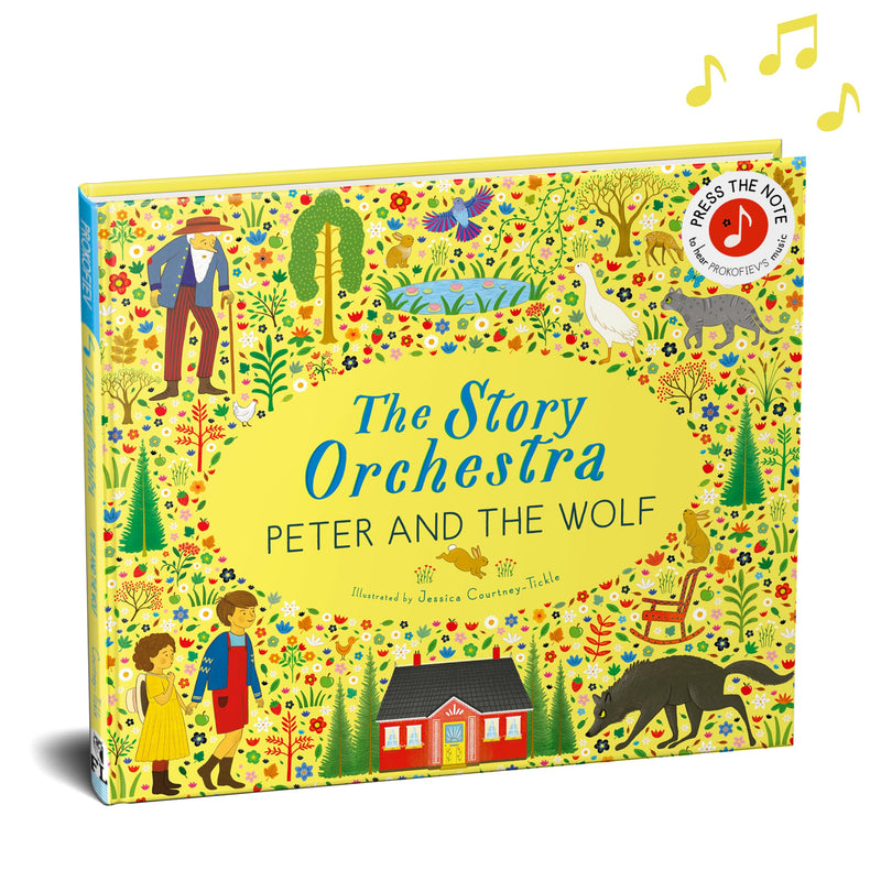 Open book showing pages of The Story Orchestra: Peter and the Wolf by Frances Lincoln Children's Books, with musical notes and illustrations.