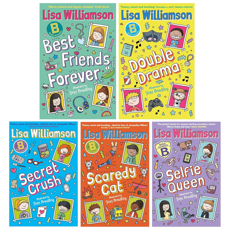 Set of five Bigg School Series books by Lisa Williamson, featuring titles like Best Friends Forever and Selfie Queen, illustrated for kids.
