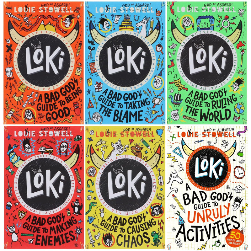 Set of six paperback books from the Loki: A Bad God's Guide series by Louie Stowell, featuring colorful covers and fantasy illustrations.