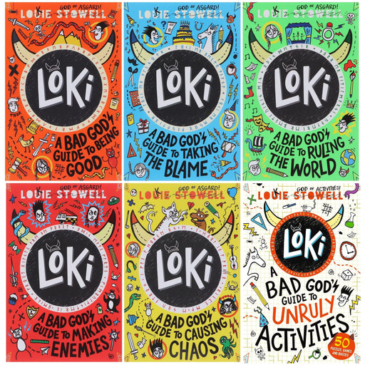 Set of six paperback books from the Loki: A Bad God's Guide series by Louie Stowell, featuring colorful covers and fantasy illustrations.