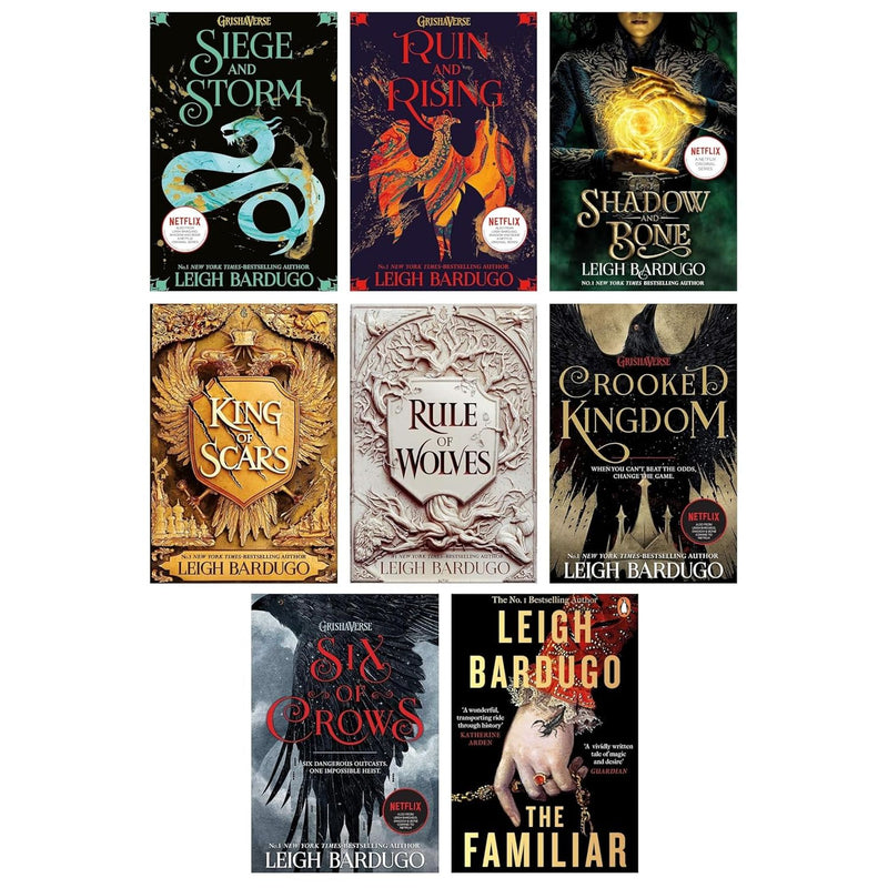 Leigh Bardugo 8-book collection set including Shadow and Bone, Six of Crows, King of Scars, and The Familiar series by Penguin Orion.