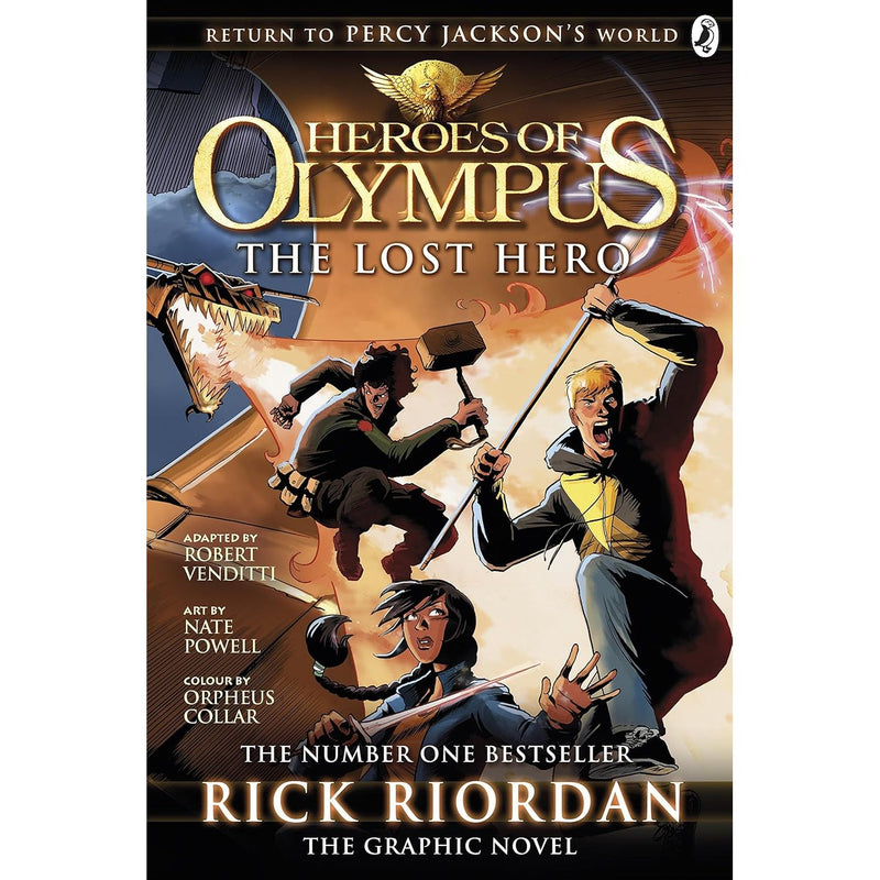 The Heroes of Olympus graphic novel collection set by Rick Riordan featuring three books, including The Lost Hero, published by Puffin.