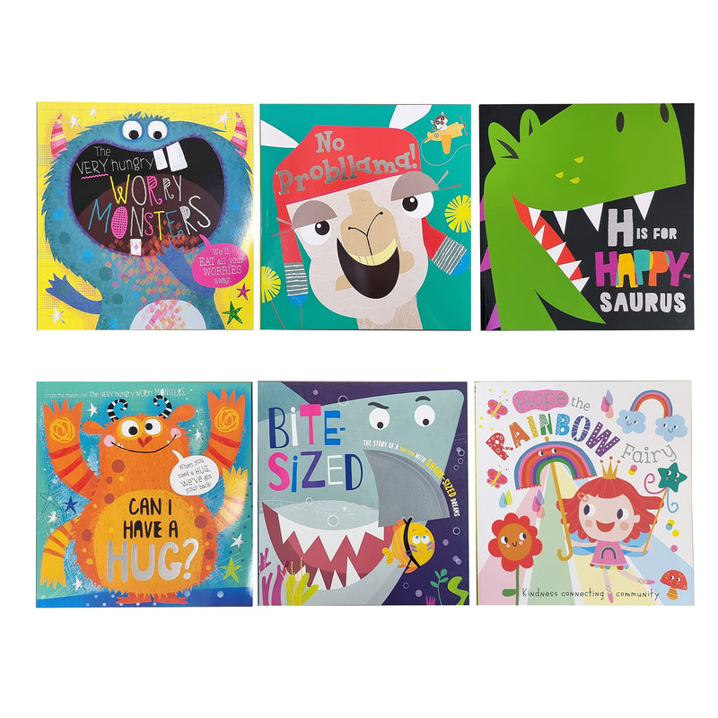 Six-book set of The Very Hungry Worry Monsters picture books by Make Believe Ideas in a reusable bag for kids.