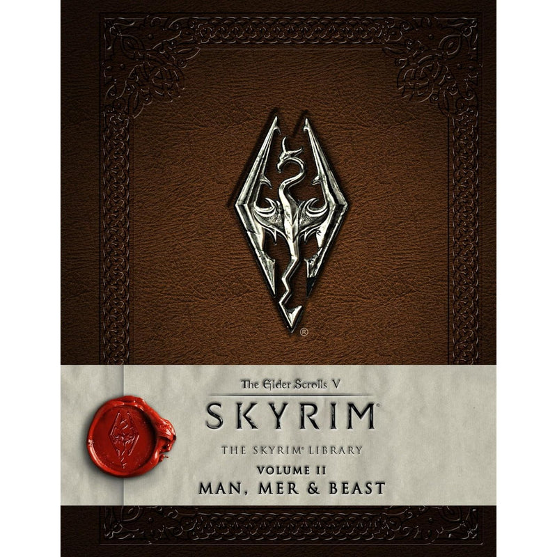Hardcover copy of The Skyrim Library, Vol. II: Man, Mer, and Beast by Bethesda Softworks, published by Titan Books.