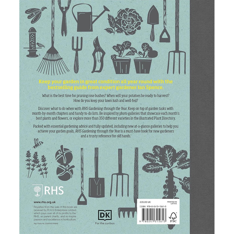 Book cover of RHS Gardening Through the Year by DK, featuring month-by-month gardening planning and inspiration by Ian Spence.