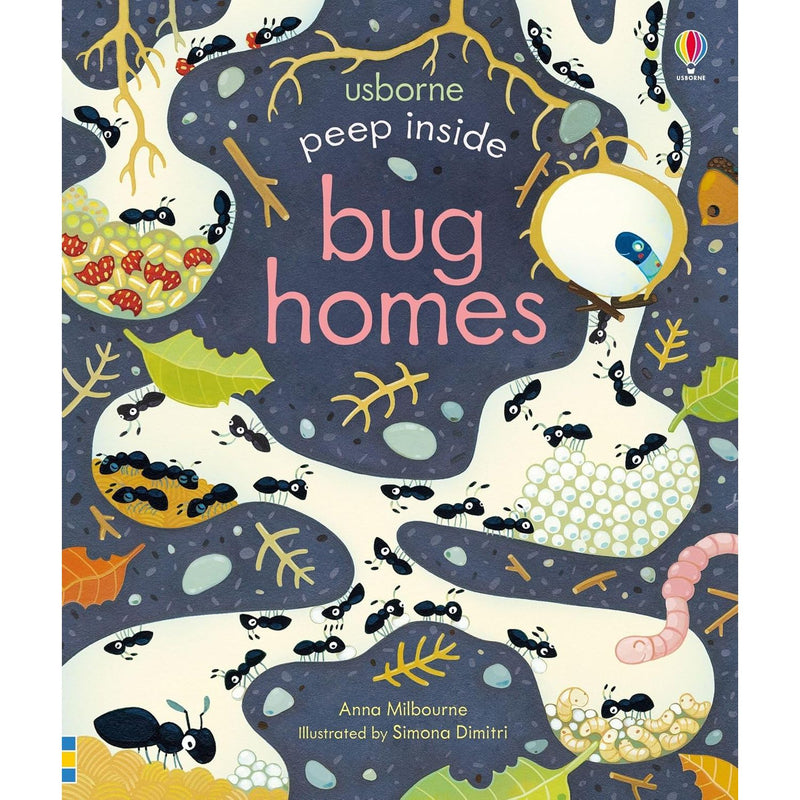 Peep inside bug homes board book by Anna Milbourne, showing colorful illustrations of insects' habitats for children.