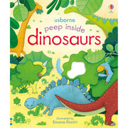 Peep Inside Dinosaurs by Anna Milbourne, Usborne Publishing, colorful board book with illustrations of various dinosaurs and prehistoric scenes.