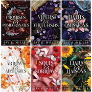 Six paperback collection of Monsters & Muses deluxe edition books by Sav R. Miller, featuring cover art and spine details.