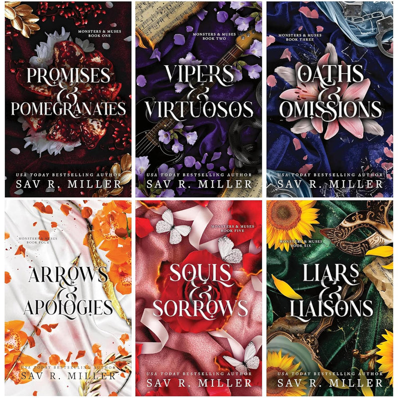 Six paperback collection of Monsters & Muses deluxe edition books by Sav R. Miller, featuring cover art and spine details.