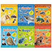 Set of DK Ultimate Sticker Books Series 6 featuring animals, bugs, farm scenes, and sharks for kids' educational fun.