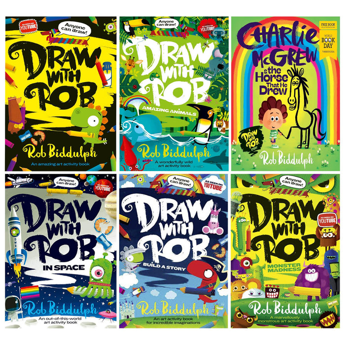 Draw With Rob Series 6 Books Collection Set (Draw With Rob, Build a Story, Monster Madness, Amazing Animals, In Space and Charlie McGrew and The Horse That He Drew: WBD 2024!) - The Book Bundle