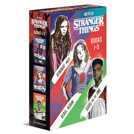 Set of three Ember Stranger Things books featuring Max, Robin, and Lucas in a boxed collection, fictional adventure stories.
