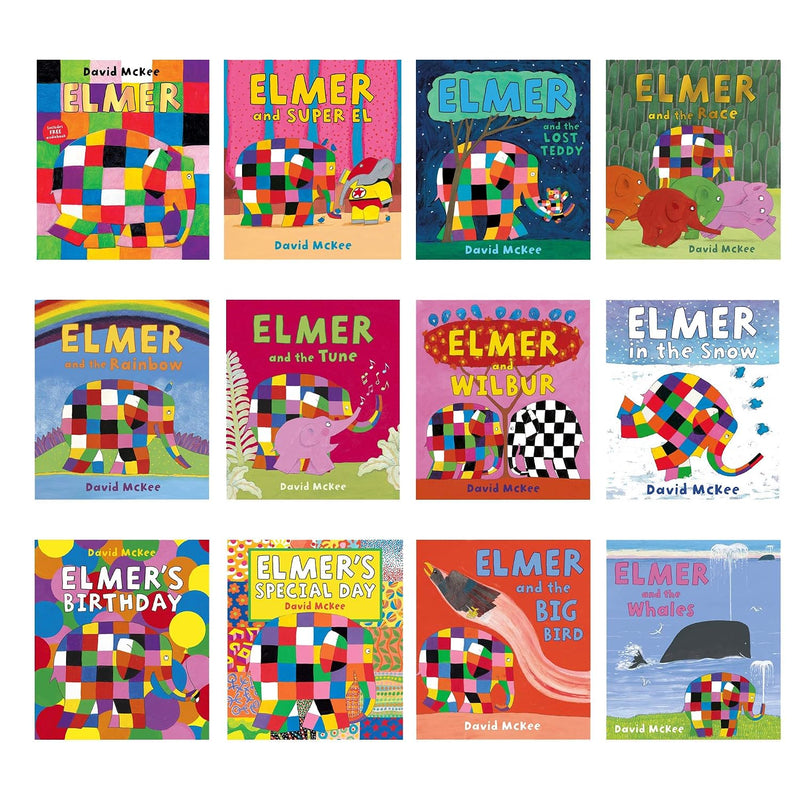 Elmer Classic Picture Books Series Books 1 - 12 Collection Set by David McKee (Elmer, Super El, Lost Teddy, Race, Rainbow, Tune, Wilbur, Snow, Birthday, Special Day, Big Bird & Whales)