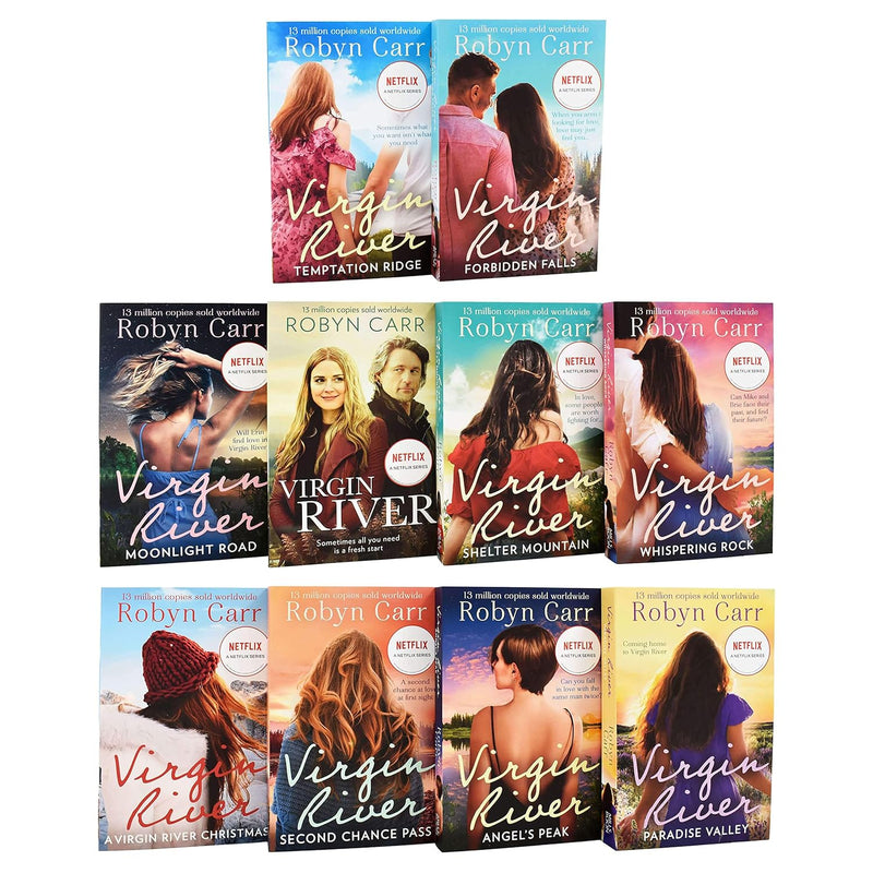 Virgin River 10-book collection set by Robyn Carr, Mills & Boon romance novels inspired by the Netflix series, featuring colorful covers.