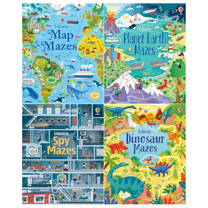 Usborne Mazes Series 4 Books Set (Maps, Planet Earth, Spy, Dinosaur) - The Book Bundle