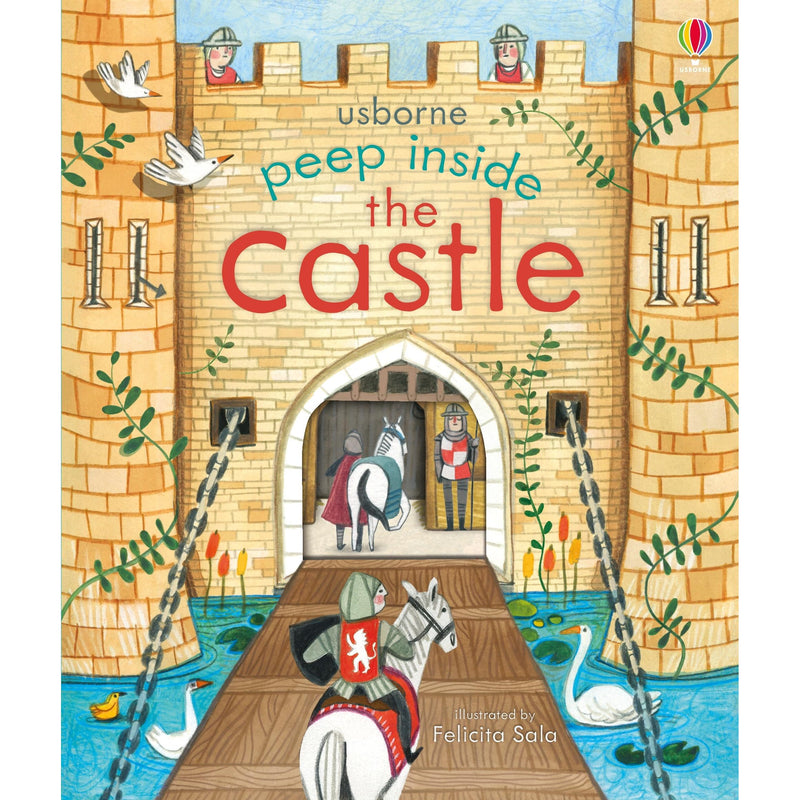 Open paperback of "Peep Inside the Castle" non-fiction children's book by Anna Milbourne, showing colorful castle illustrations.