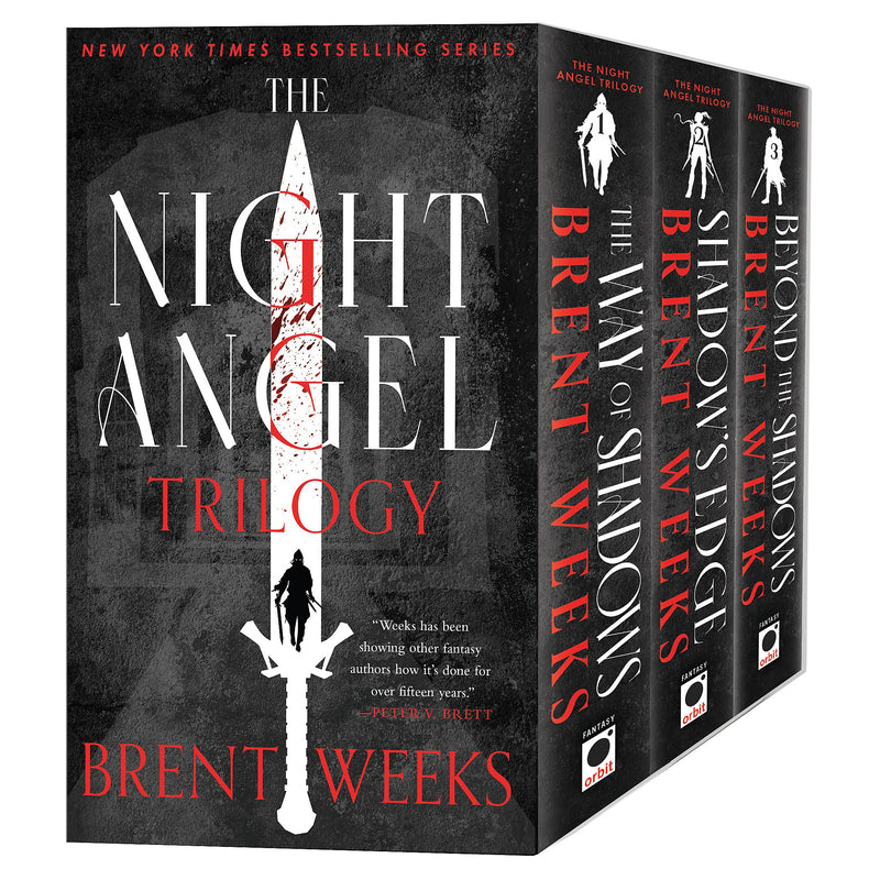 Three paperback books from Brent Weeks' The Night Angel Trilogy collection, featuring dark fantasy fantasy fiction by Orbit.
