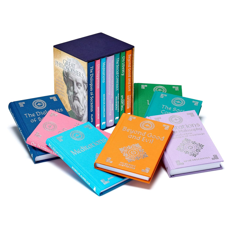 Set of seven hardcover books from Arcturus featuring classics by Plato and Friedrich Nietzsche, part of the Great Philosophers Masterworks collection.